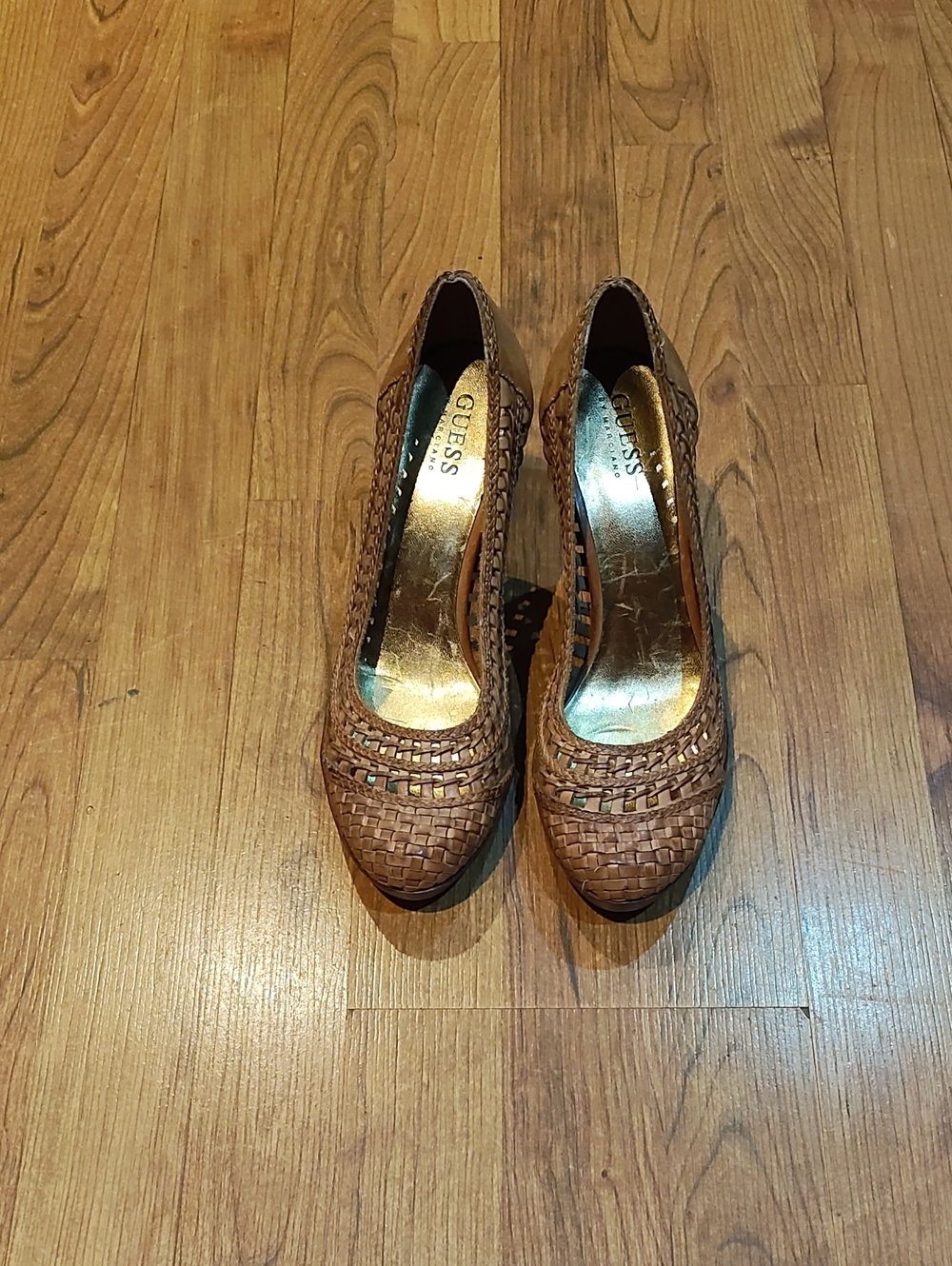 GUESS Brown Woven Pump Heels with Gold Insole